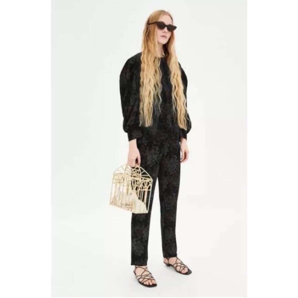 Zara black brown Floral Jacquard Pants